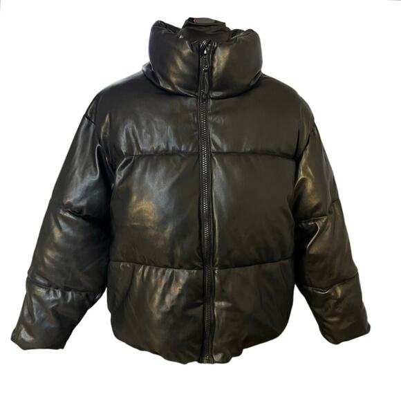 Old Navy Black Cropped Style Faux Leather Puffer Jacket XXL - Picture 1 of 10